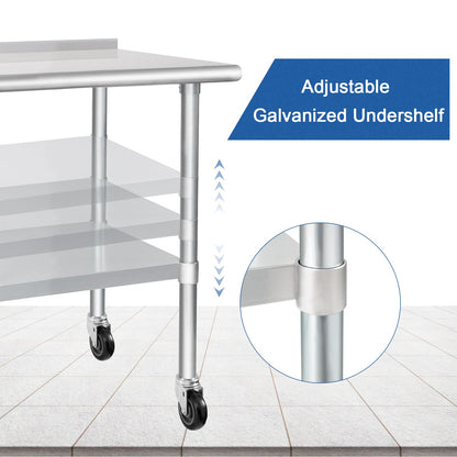 HARDURA Stainless Steel Table 30 x 60 Inches with Wheels Casters NSF Heavy Duty Commercial Prep Table with 2” Backsplash and Adjustable Undershelf for Restaurant Kitchen Home and Hotel