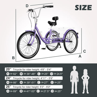 ABORON Adults Tricycle, 3 Wheels Bike for Adult, Tricycle for Adults, Double-Wall Wheel Rims, Tricycle for Women Men Exercise Outdoor Sports (Purple-Upgrade, 20"/ 7 Speed)