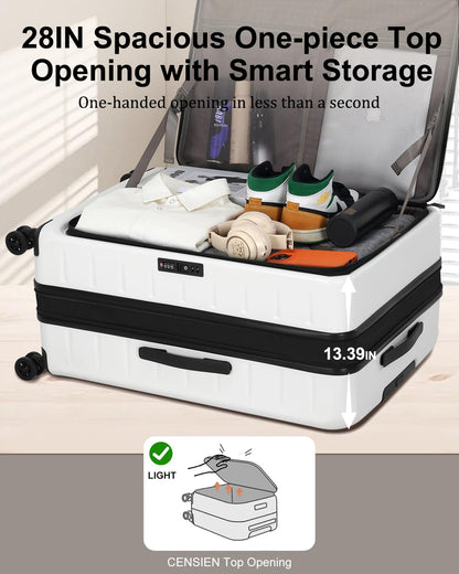 CENSIEN Luggage Sets 2 Pieces, 20 Inch Carry On Luggage and Expandable 28 Inch Checked Luggage with Spinner Wheels, Lightweight ABS+PC Hard Shell Suitcase with Front Opening, TSA Lock (White, 20/28)
