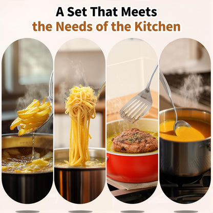 5 Pcs Newness Cooking Utensils Set, 304 Stainless Steel Kitchen Utensils Set, Metal Kitchen Accessories, Include Soup Ladle, Slotted Skimmer Spoon, Spaghetti Spoon and Spatula, Dishwasher Safe