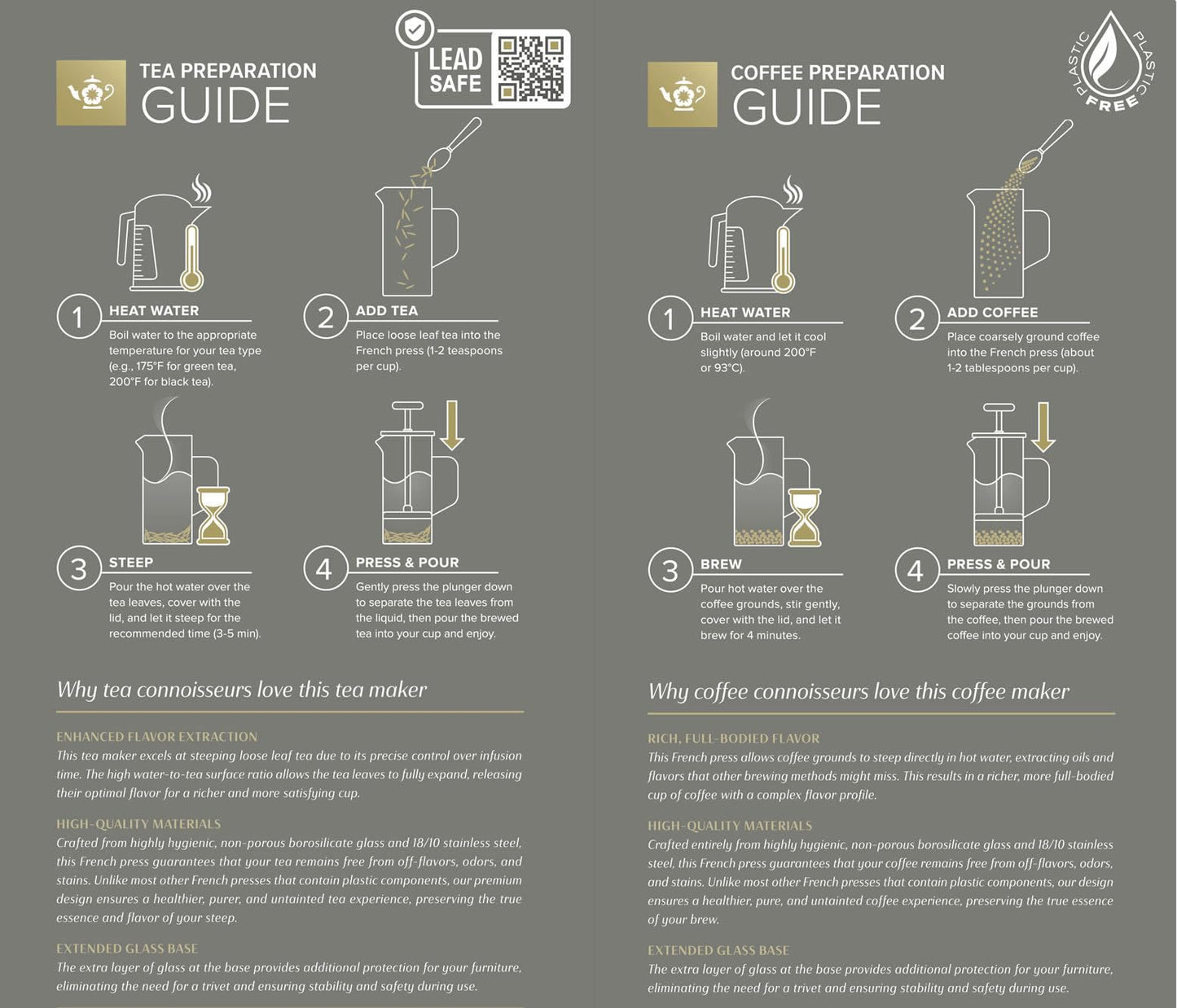 Teabloom Toulouse Borosilicate Glass Tea Press and Coffee Maker with No Plastic, 24-Ounce (700 mL) - Dusk Grey