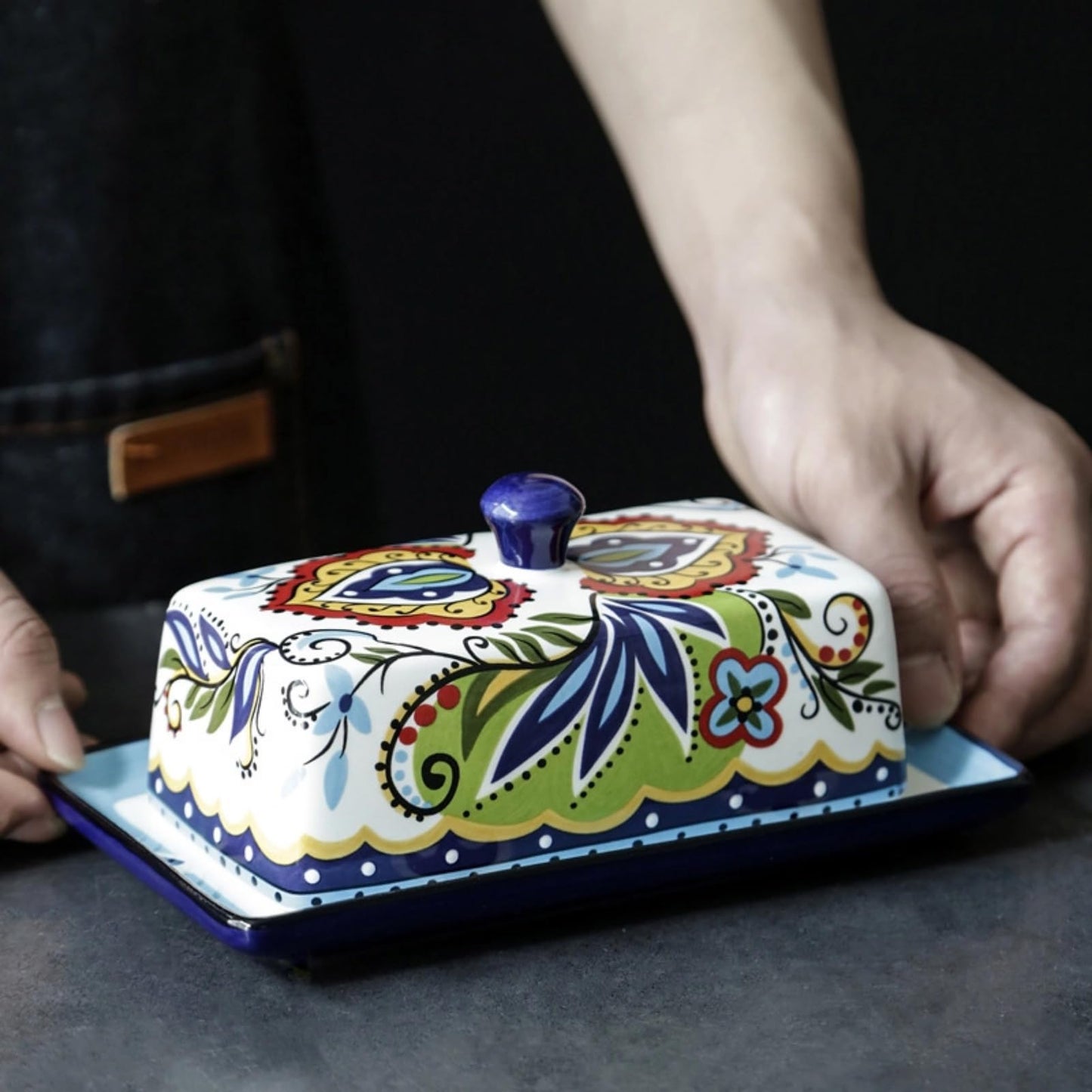 Ceramic Butter Dish with Lid Bohemia Hand Drawn Butter Plate Tray with Cover for Cheese Vintage Cheese Container Holder European-Style Butter Keeper for Home Kitchen 7.9 x 4.5 x 3.1 Inches (1)