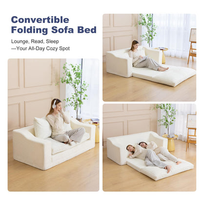 61" Convertible Sofa Bed Loveseat, Memory Foam Boneless Floor Couch with Removable Corduroy Cover, Tri-folding Compact Full-size Sleeper for Small Living Room, Playroom, Guest Room, RV (White)