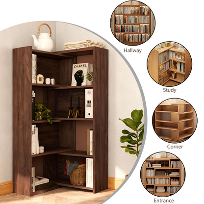 SimpArt Expandable 3-in-1 Bookcase with Adjustable Width, 4-Tier Wooden Storage Shelf, Convertible Straight or L-Shaped Corner Bookshelf for Living Room Bedroom Office
