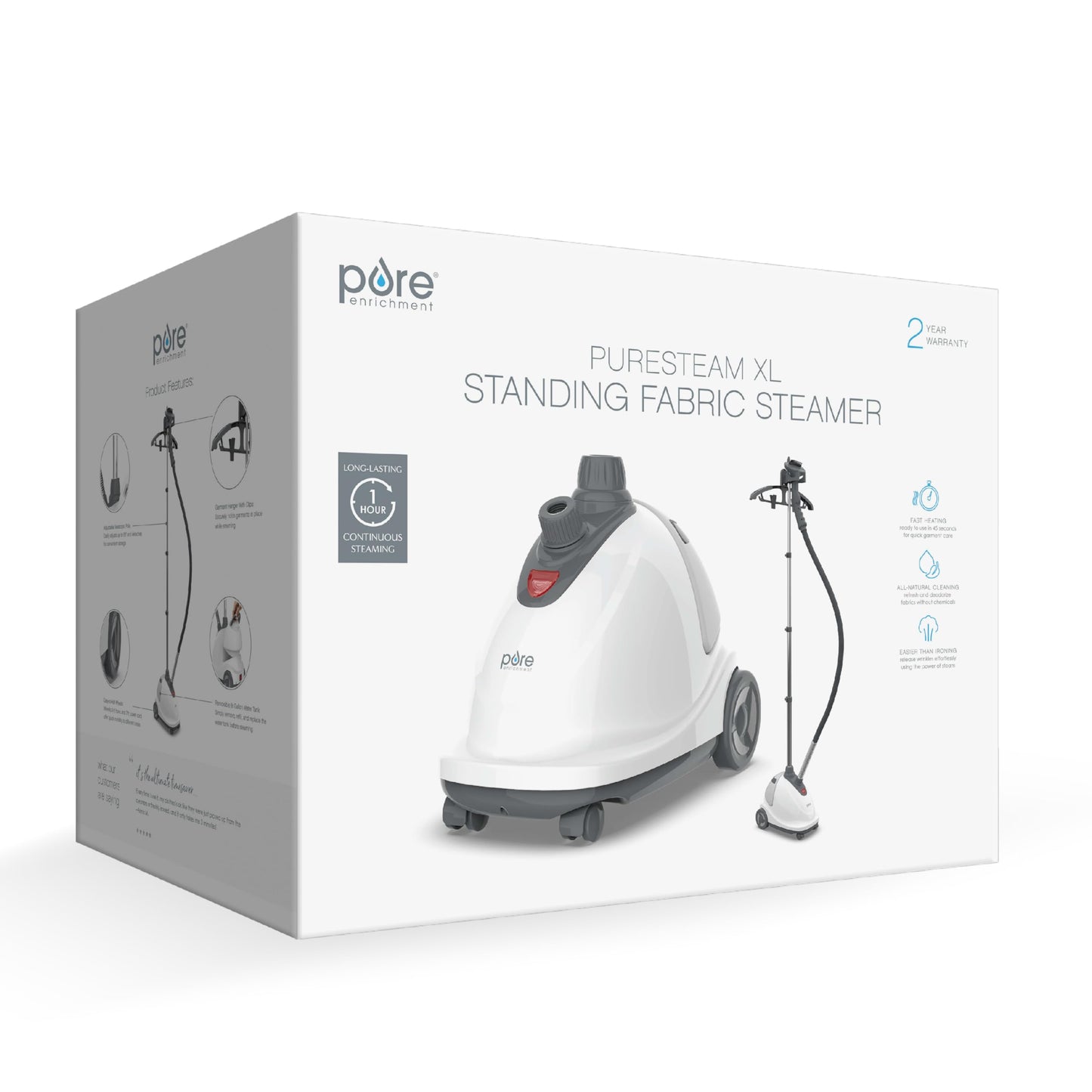 Pure Enrichment PureSteam XL Standing Fabric Steamer - Professional Wrinkle Remover Heats in 45 Seconds; 1/2-Gallon Tank for 1 Hour of Steaming; Easy-Roll Wheels, Garment Hanger, & Fabric Brush