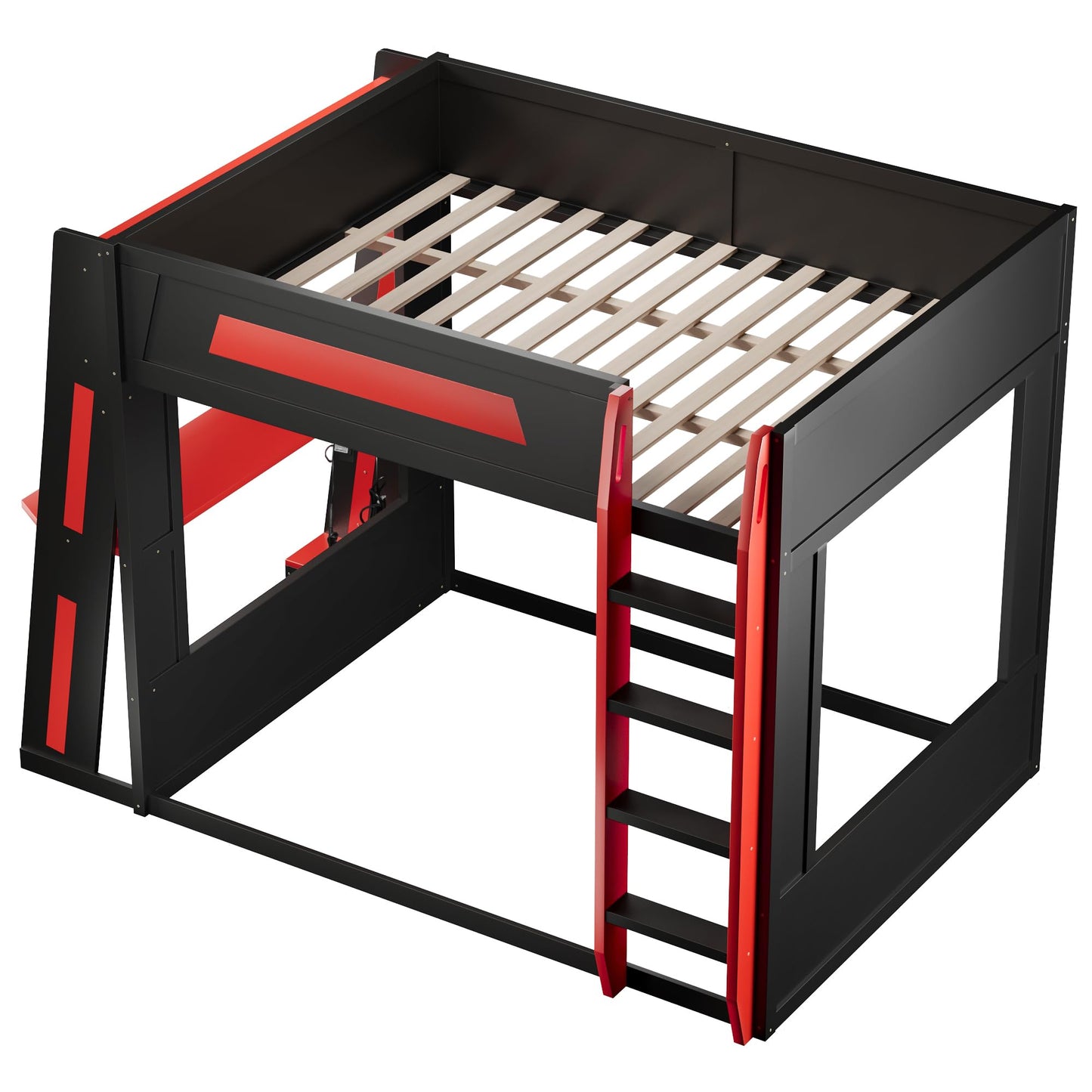 Merax Queen Over Queen Wooden Gaming Bunk Bed with Built-in Desk, LED Lights, USB Port, and 2 Storage Shelves, Solid Wood Gaming Loft Bed for for Bedroom, Black+Red