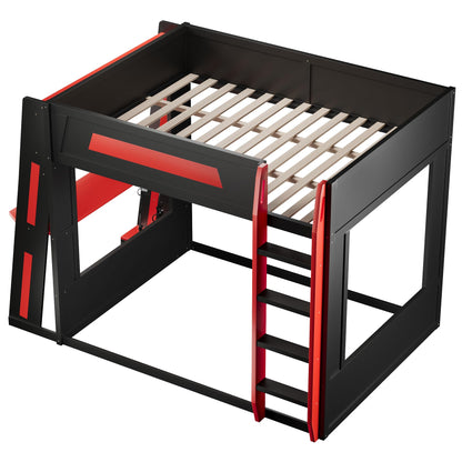 Merax Queen Over Queen Wooden Gaming Bunk Bed with Built-in Desk, LED Lights, USB Port, and 2 Storage Shelves, Solid Wood Gaming Loft Bed for for Bedroom, Black+Red