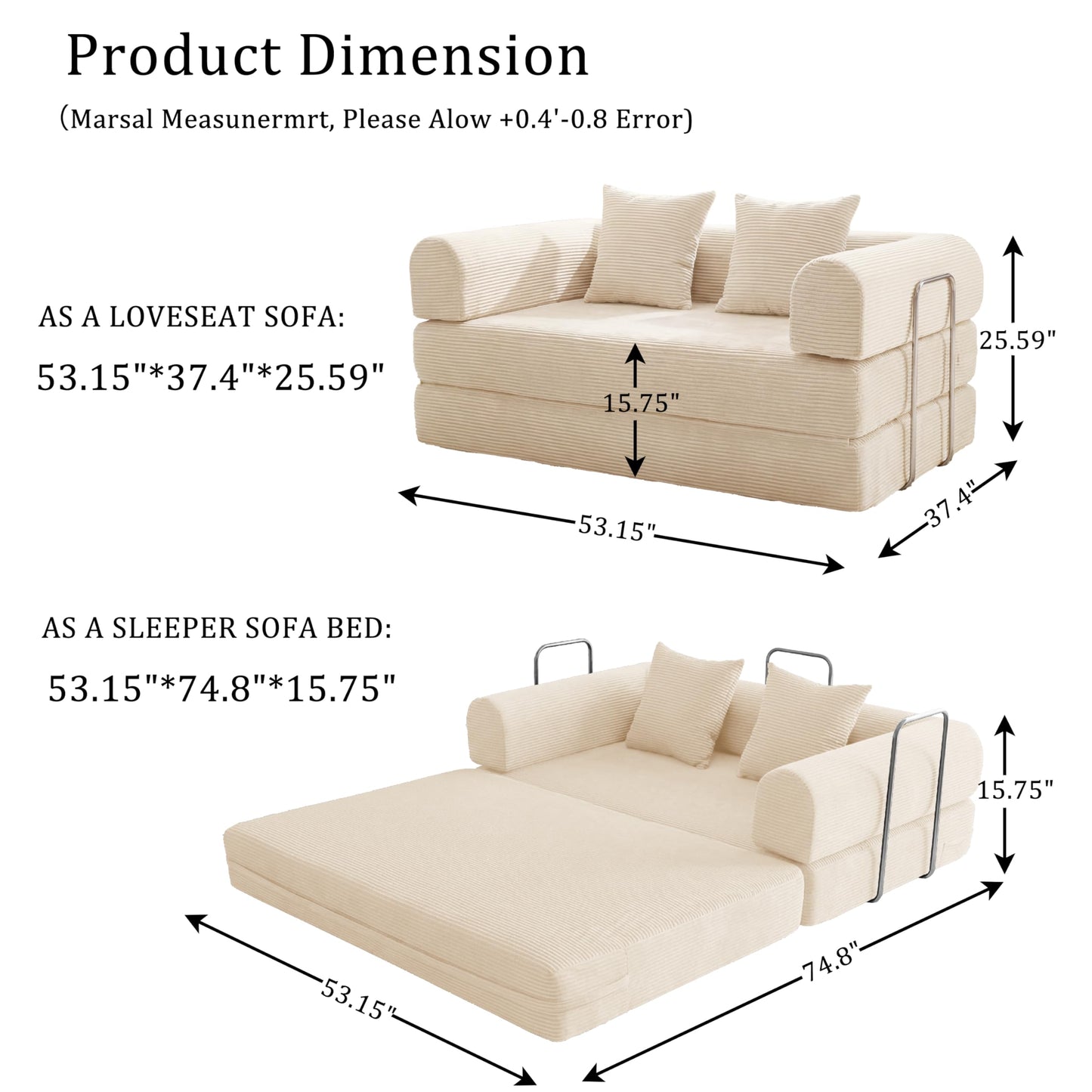 HouseMila 53.15" Boneless Couch,4-in-1 Futon Sofa Bed Modular Loveseat Sleeper Folding Compressed Couch with Pillows,No Assembly Required Convertible Sofa Bed for Living Room Bedroom Guest Room,Beige