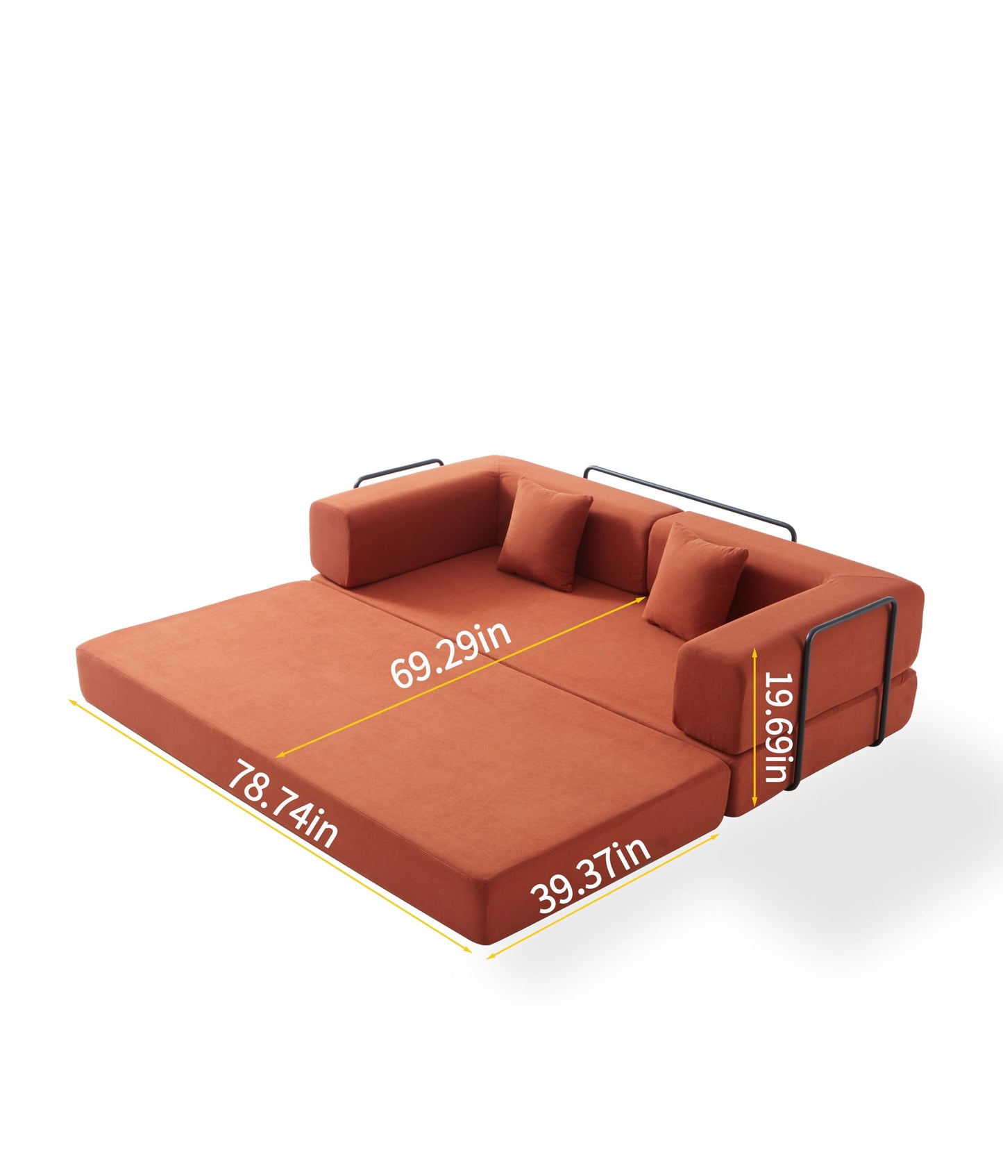 KEIKI 78” Futon Sofa Bed, 4-in-1 Folding Convertible Corduroy Sleeper Sofa, Boneless Couch for Living Room with Supportive Metal Frame, Modern Floor Lounge for Relaxing Reading Napping, Orange