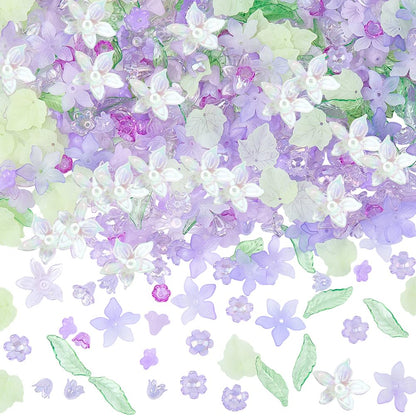BEAMARKER 500Pcs Acrylic DIY Flower Leaf Beads Kits Including Assorted Purple Flower Loose Beads Maple Leaf Pendants Charms Acrylic Floral Caps for Earring Bracelet Necklace Craft Jewelry Making