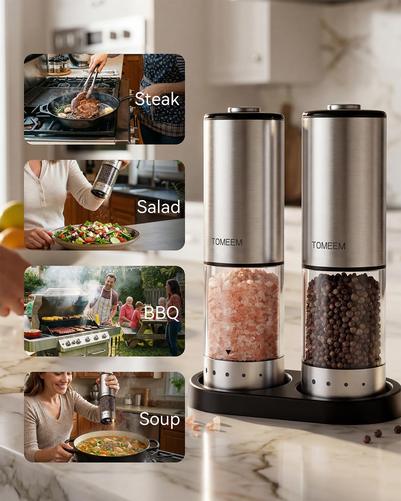 TOMEEM Rechargeable Electric Salt and Pepper Grinder Set, 115ml Large Capacity Stainless Steel Automatic Pepper Mill with Storage Base, LED Display and Light, 5 Adjustable Grind Settings