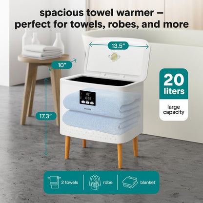 SereneLife Rectangular Towel Warmer Bucket, Large Capacity Blanket and Towel Warmer for Bathroom, Single-Touch Control, Energy-Efficient Design with Auto Shut-Off, 20L Capacity, White