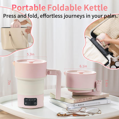UPEZAN Travel Electric Kettle-Collapsible Portable Electric Kettle, 600W Foldable Small Water Boiler with 4-Temp Presets, Food Grade Silicone for Hotel, Office, Camping (Pink, 600mL)