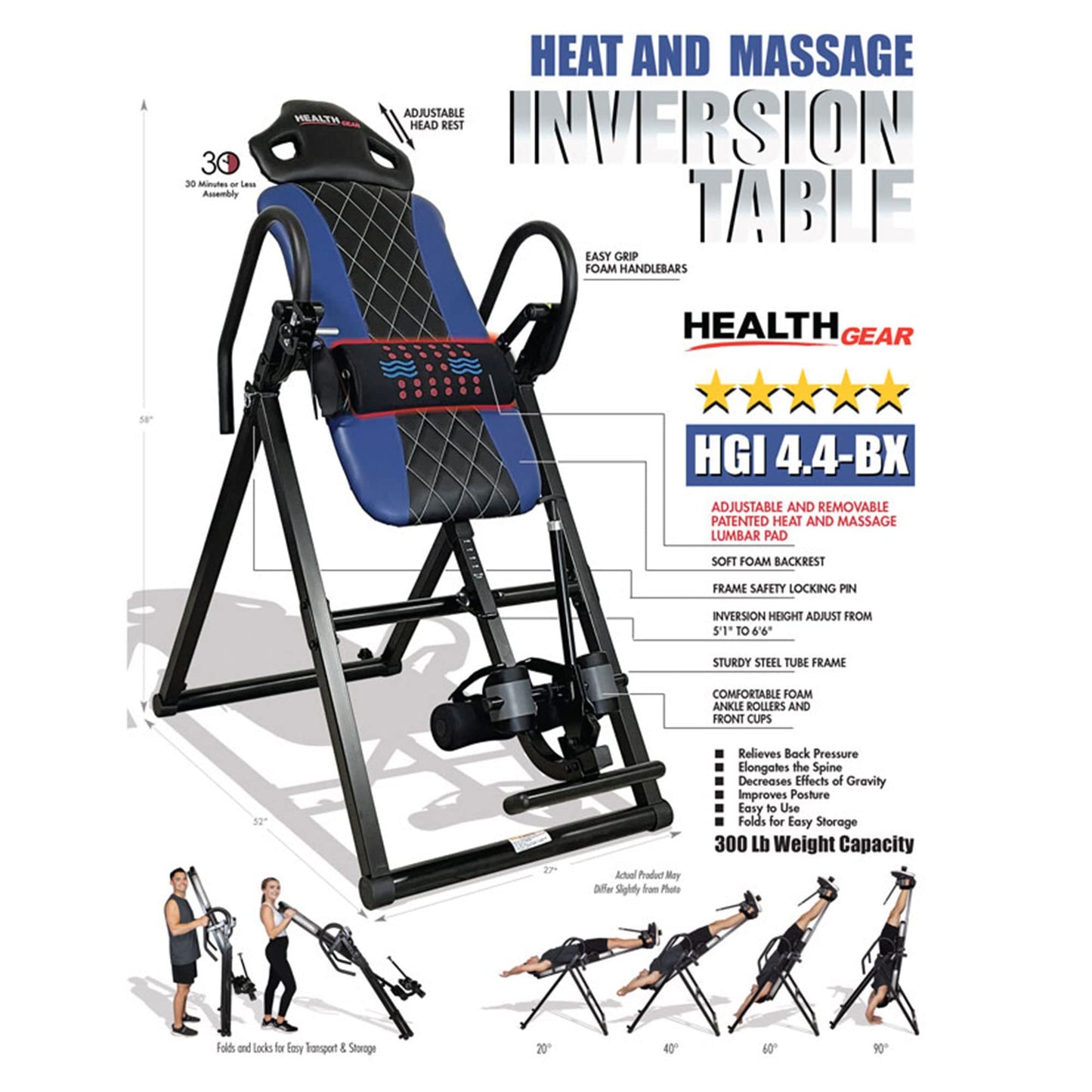Health Gear HGI 4.4BX - Advanced Heat & Vibration Massage Inversion Table with Patented Ankle Safety & Security System - Blue/Black (HGI 4.4-BX)