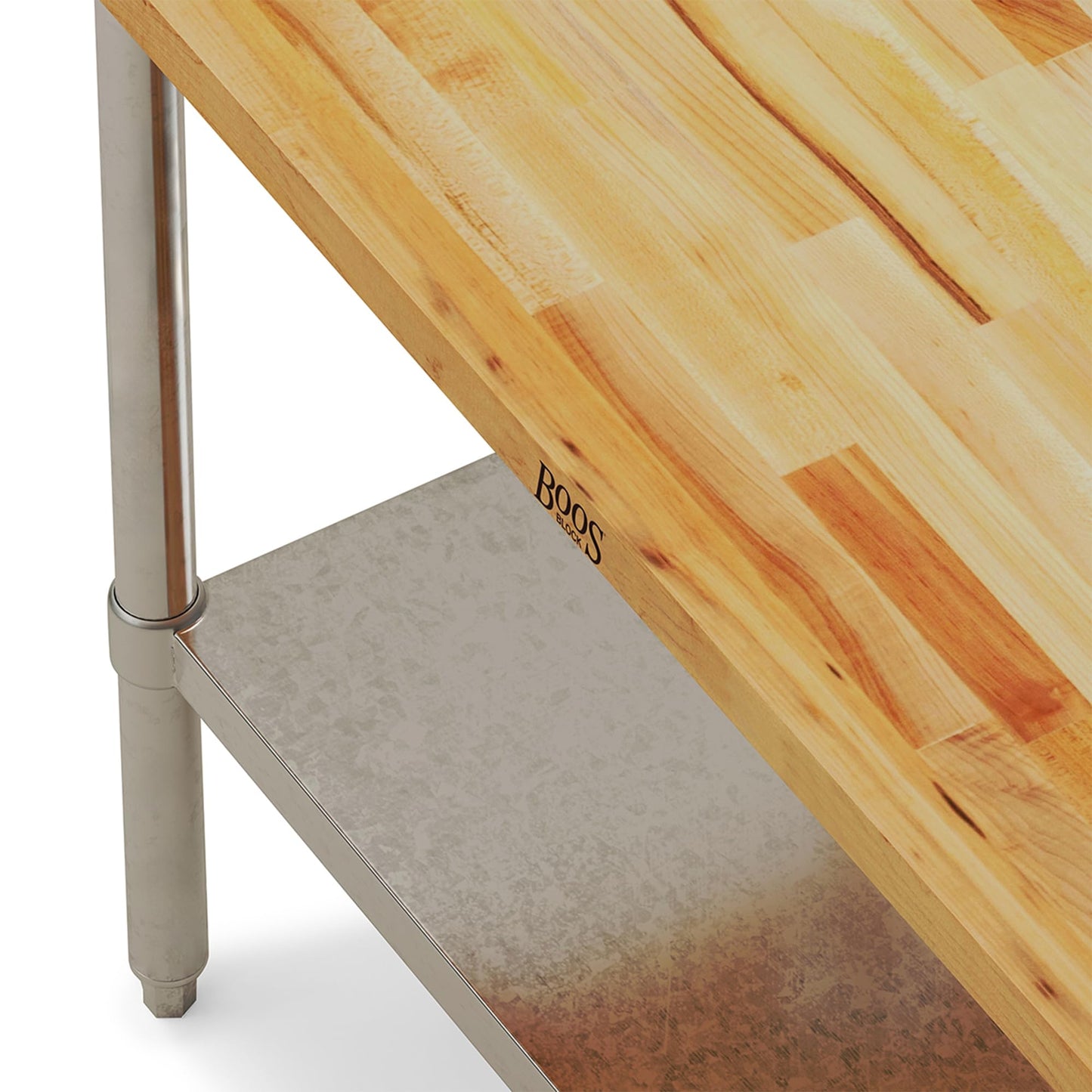 John Boos Maple Wood Top Work Table, 48”x24”x36” – 1.5” Thick Tabletop, 86-lb Kitchen Station with Wooden Edge-Grain Table & Steel Base, & Adjustable Shelf