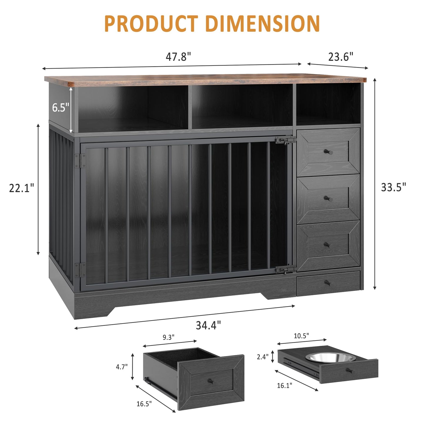 GarveeLife 48'' Dog Crate Furniture, Farmhouse Heavy Duty Dog Kennel with Bowl & Storage Drawers, Medium Dog Cage End Table for Small Medium Dogs, Black