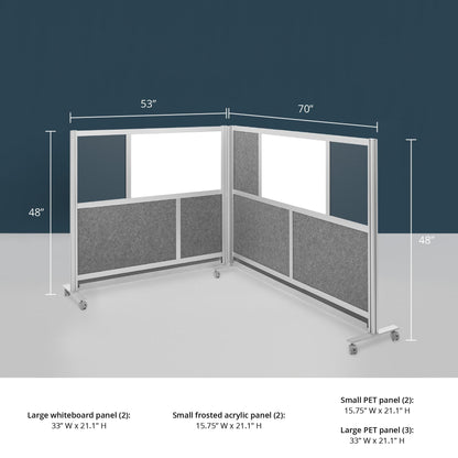 Modular Wall Partition Room Divider Bundle - Gray 70"x48" + 53"x48", 2 Cubicle Walls, Hinge & Casters for Flexible Office Divider & Room Divider Wall
