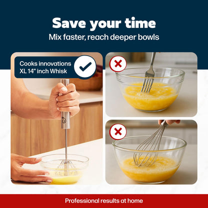 14 Inch Stainless Steel Egg Beater - Durable & Easy to Use Push-Down Zip Whisker - Rotary Hand Mixer for Beating Eggs, Frothing Milk, Blending, Mixing, Whipping Smoothies & Shakes - Hand Whisk