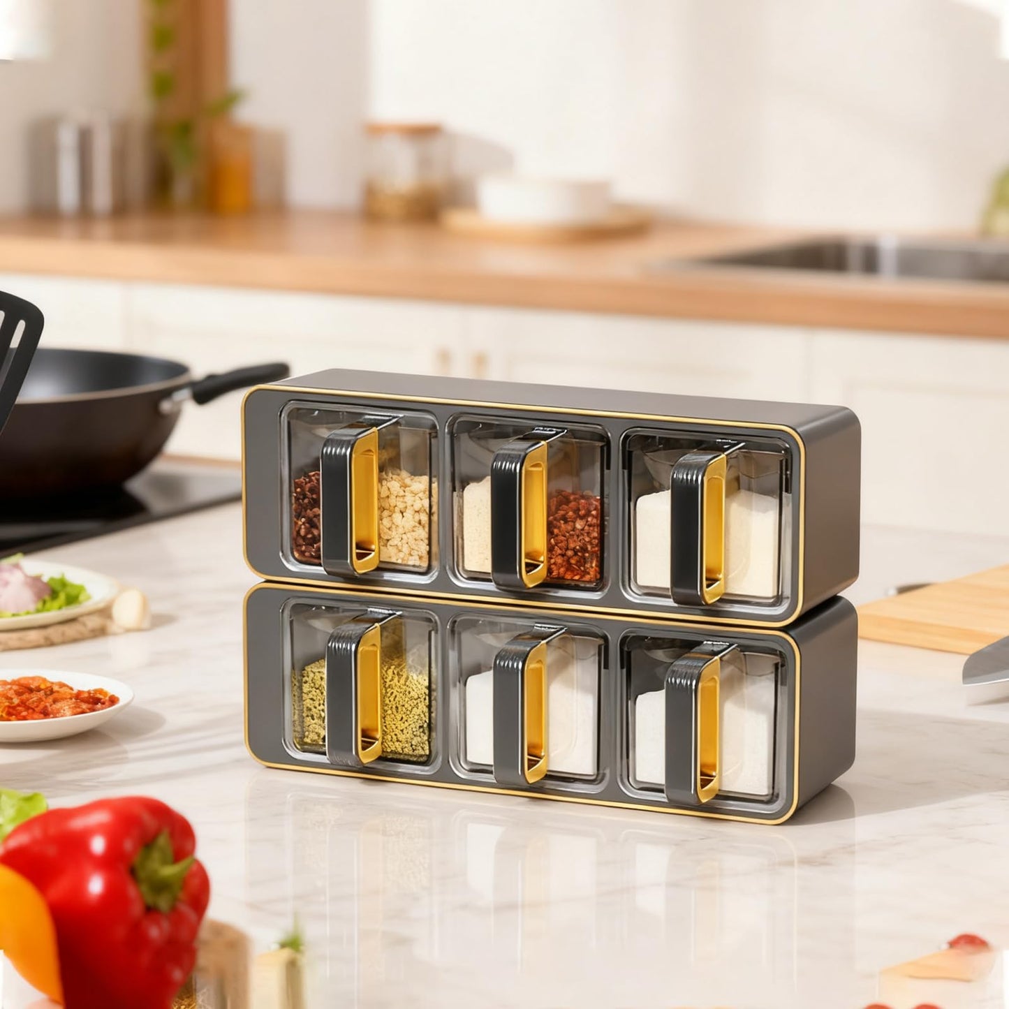 Seasoning Organizer Box, Acrylic Spice Storage Box, 3 Compartments Transparent Spice Rack Spice Jar Spice Container With Lid And Spoon Storage Container Black