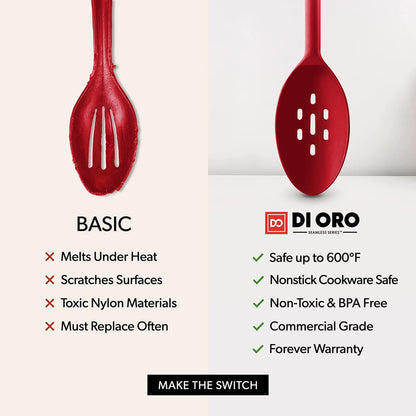 DIORO Silicone Mixing & Serving Spoons - Large Heat-Resistant Non Stick Utensils Big Solid & Slotted Basting & Stirring Spoons - Dishwasher Safe (2pc, Red)