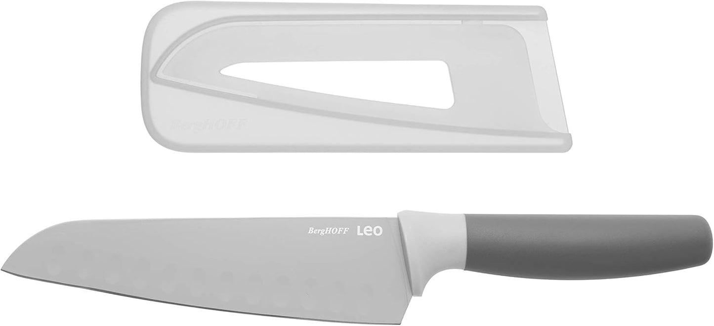 Berghoff LEO Non-stick Stainless Steel Wide Blade Santoku Knife, 6.75" Grey PP Fitted Protective Sleeve Soft-touch PP