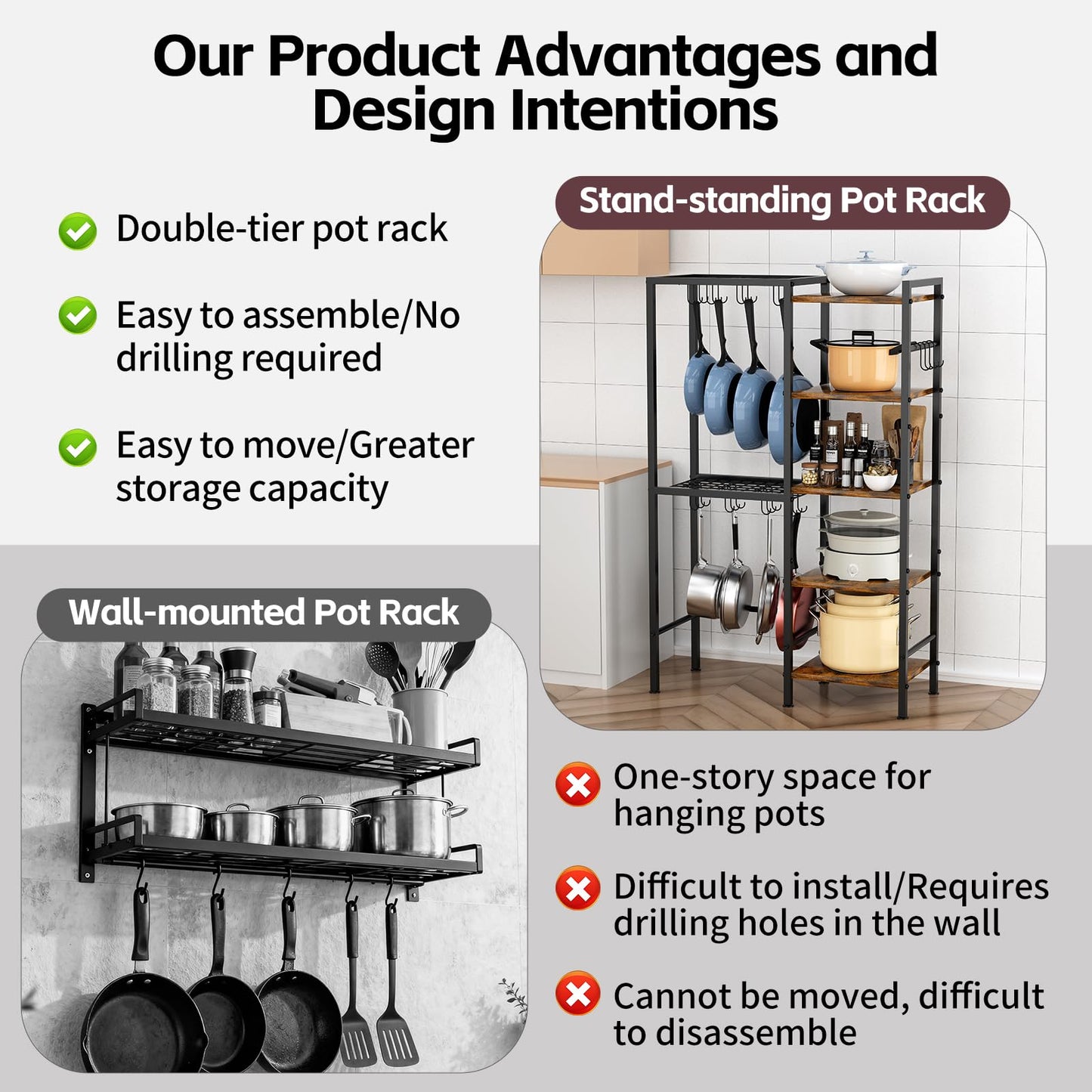 OMISRUIS 5-Tier Pot and Pan Organizer Rack with Hooks, Heavy-Duty Kitchen Storage Shelf for Cookware, Dishes, and Utensils, Freestanding Metal Pot Rack Organizer for Kitchen, Pantry, or Dining Room