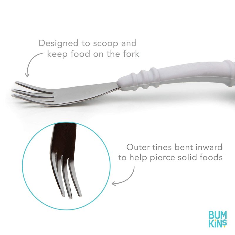 Bumkins Toddler Utensils, Kids Size Fork and Spoon Set, Silicone and Stainless-Steel Training Silverware, Angled Forks / Sporks for Self-Feeding, Children Hold Learning to Eat, 18 Months Up, Lavender