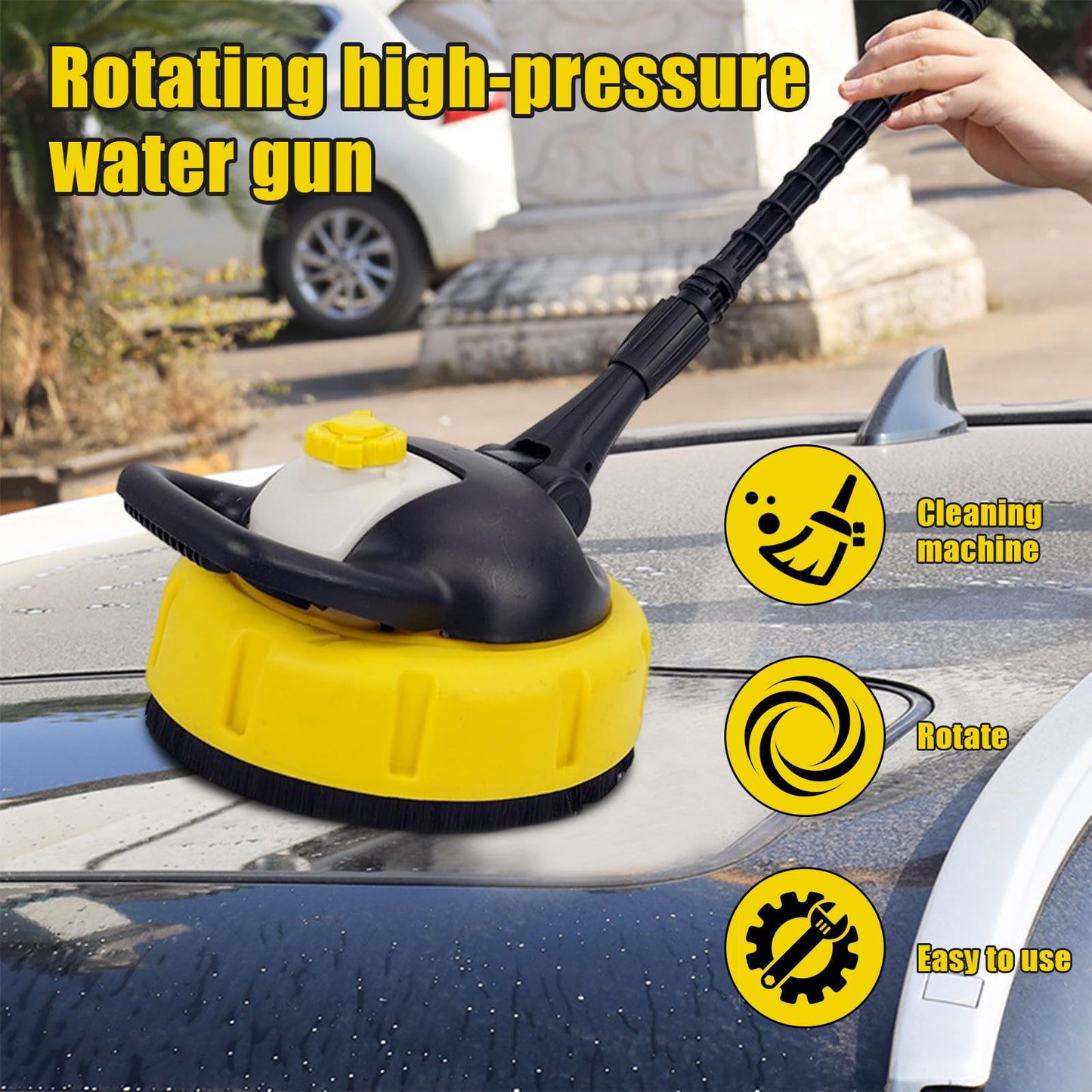 Patio Cleaner Attachment for Karcher, Dia28cm Rotating High Pressure Washer with 47cm Long Handle, for K2-K7 High Pressure Surfaces Cleaner, Rotating Jets Cleaning Nozzle, for Paving, Yards (With pot)