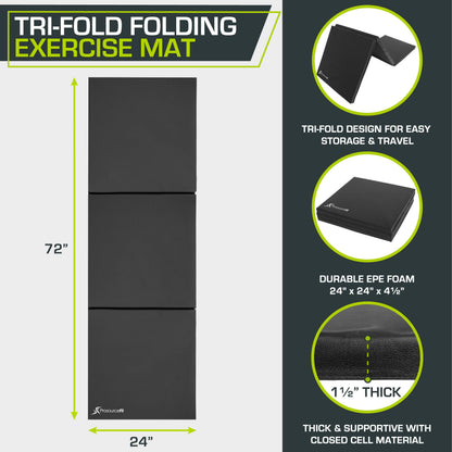 ProsourceFit Tri-Fold Folding Thick Exercise Mat 6’x2’ with Carrying Handles for MMA, Gymnastics Core Workouts, Black