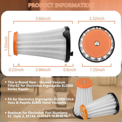 HASMX Vacuum Filter E2 Replacement for Electrolux Ergorapido EL2000 Stick Vacs & Rapido EL800 Hand Vacuums, Vacuum Cleaner Filter Replaces Part Numbers: E2, Style 2, EF144, EL65521, EL65521A (2-Pack)