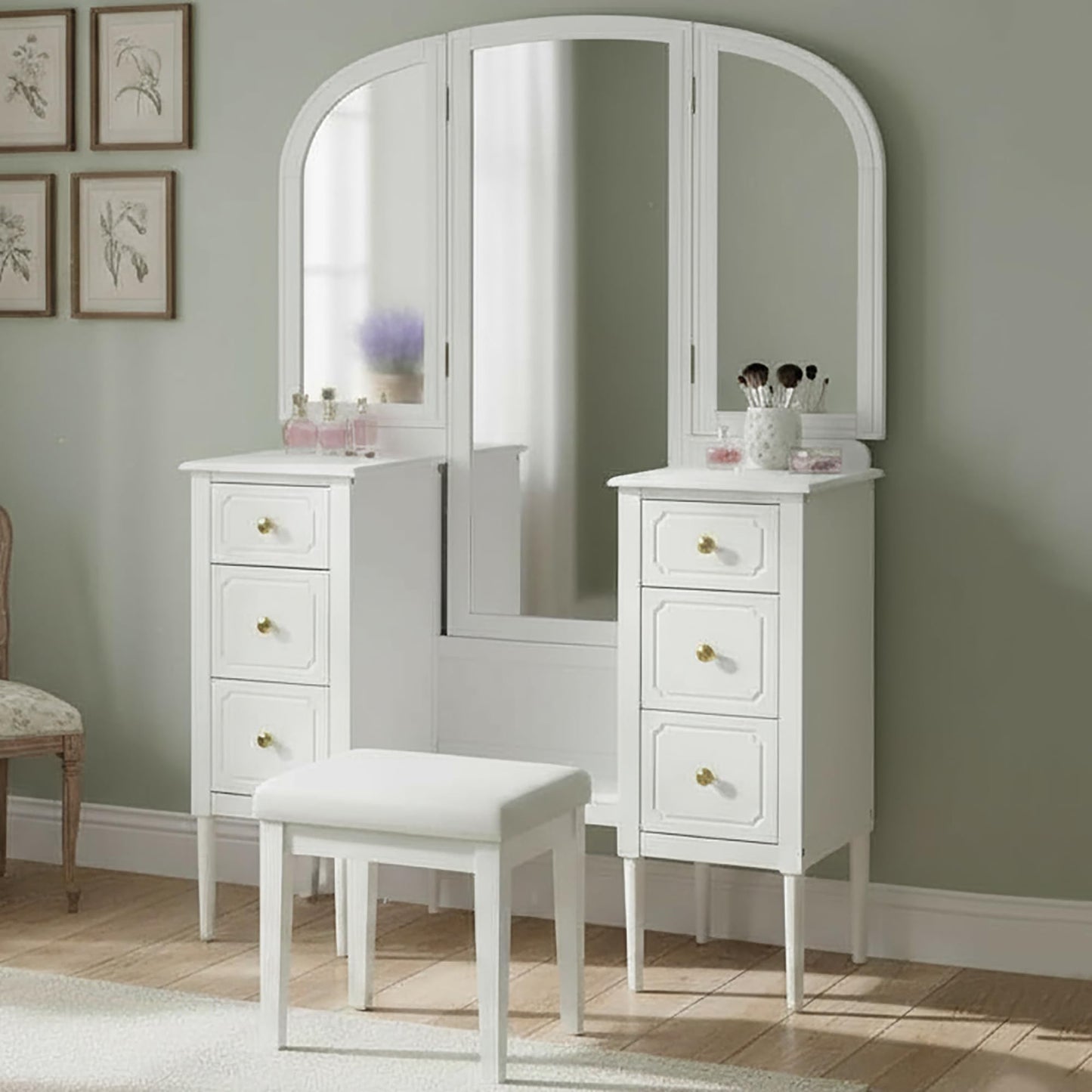 Merax Antique Vanity Desk with Triple Mirror, 46" Makeup Vanity Set with Cushioned Stool, Large Dressing Table with 6 Storage Drawers for Bedroom Dressing Room, White
