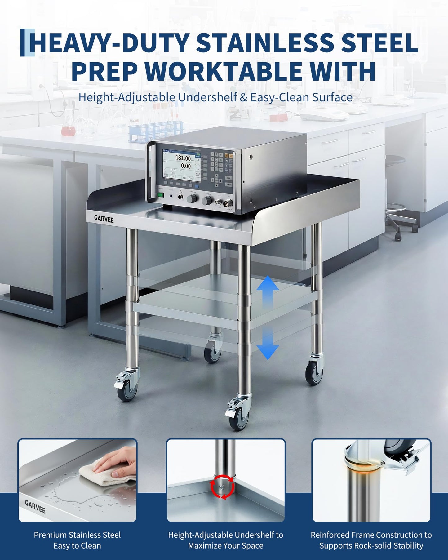 GarveeHome 30x36 Inch Stainless Steel Work Table with Wheels, Commercial Food Prep Table with 3-Sided Fixed Backsplash & Height-Adjustable Undershelf, Heavy-Duty Workbench for Restaurant Garage