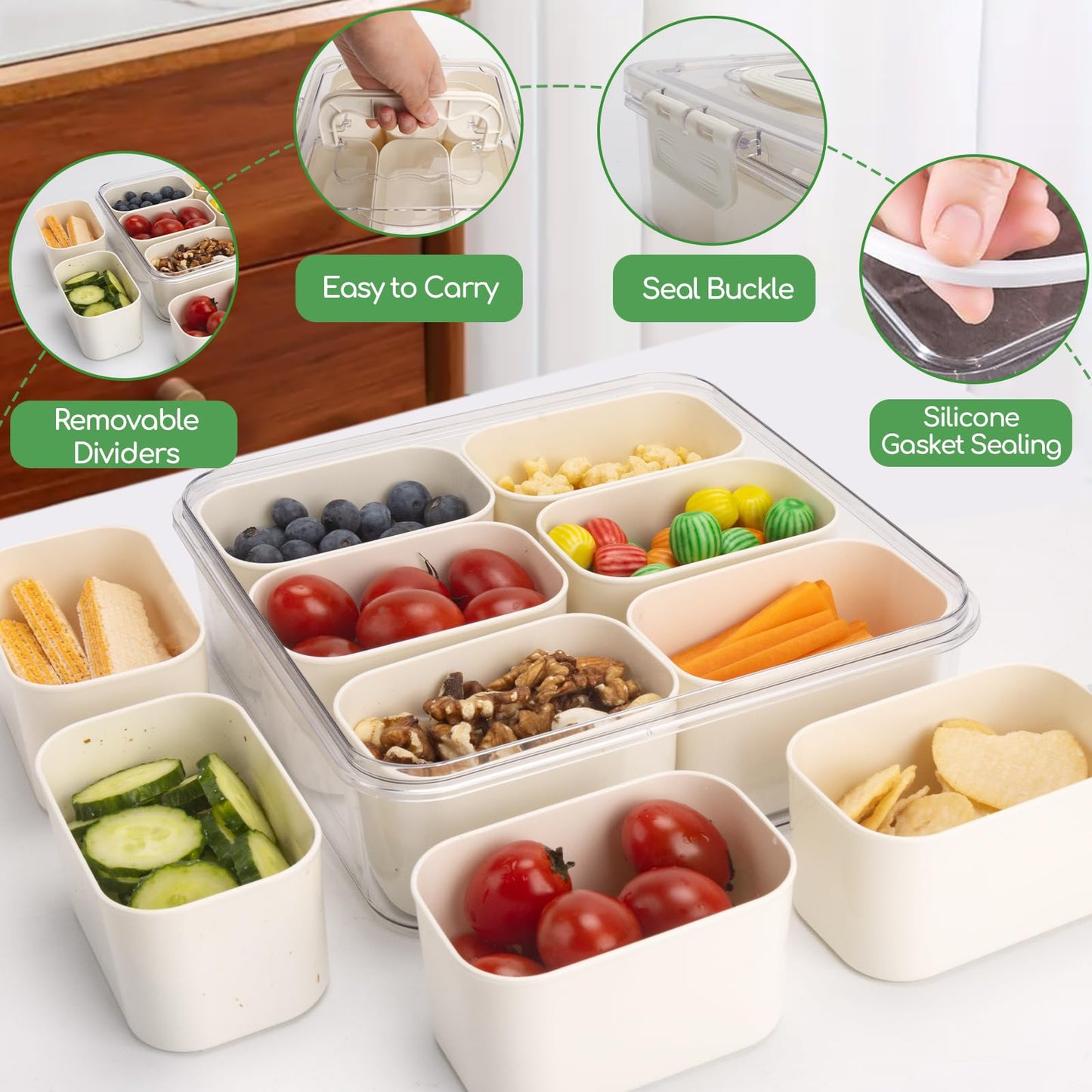 Divided Serving Tray with Lid and Handle, Portable Snack Box Container, 6 Compartments Veggie Fruit Snackle Tray, Charcuterie Platter Container for Party, Nuts, Snacks, Picnic,2 Pack, MEDIUM SIZE