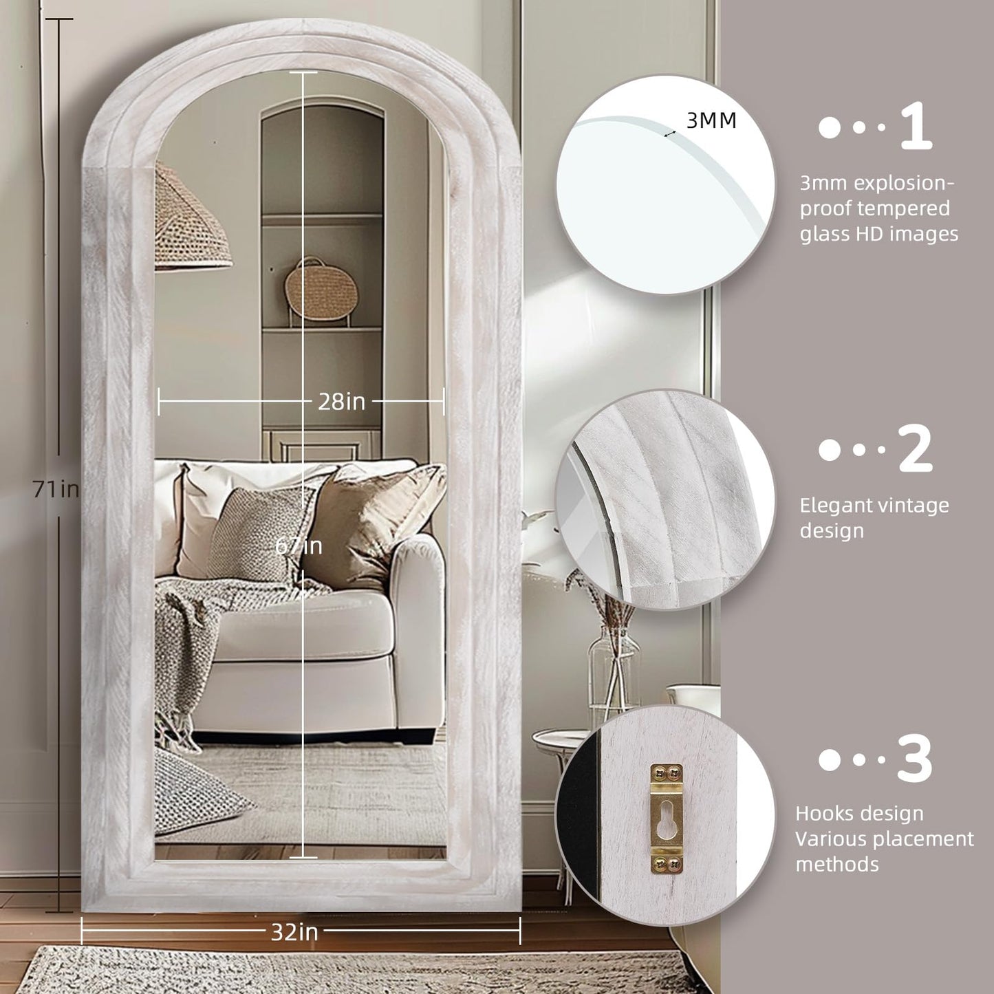 ZHUNFA Arched Full Length Mirror with Solid Wood Frame, 71x32 Farmhouse Wall Mirror Full Length with Stand, Vertical Hanging, Leaning Standing for Bedroom, Living Room, Rustic White