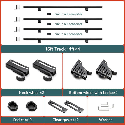 104RDHOUSE 16FT Sliding Library Ladder Hardware Kit,Black Telescopic Top Hook,Bottom Wheel with Brake,MAX Load 300lbs,No Ladder