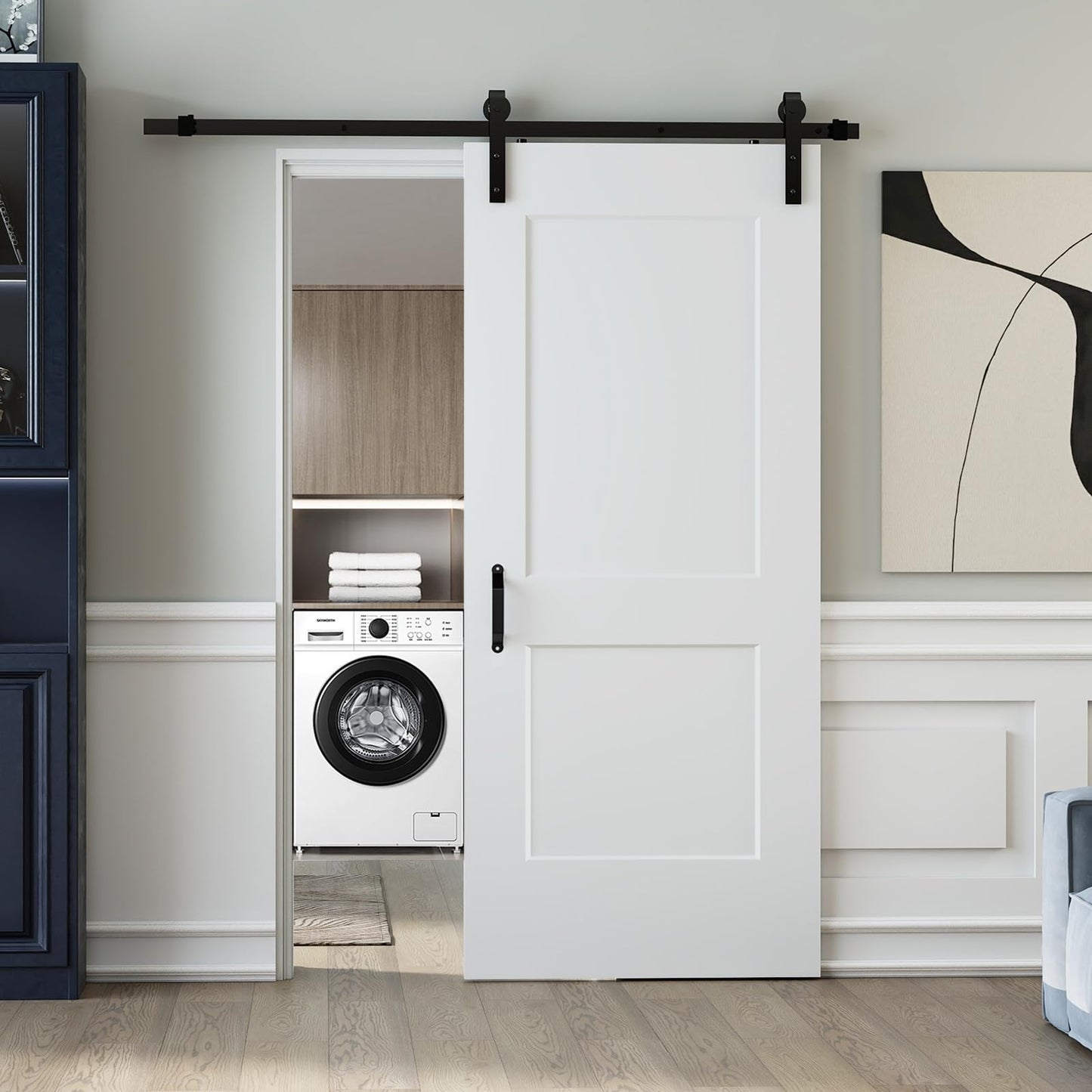 JUBEST 36"x84" Sliding Barn Door, 2-Panel White Primed Composite Interior Molded Door Slab with 6FT Hardware Kits & Handle, Preassembled Solid Core Panels with Paintable Surface, Durable & Sturdy