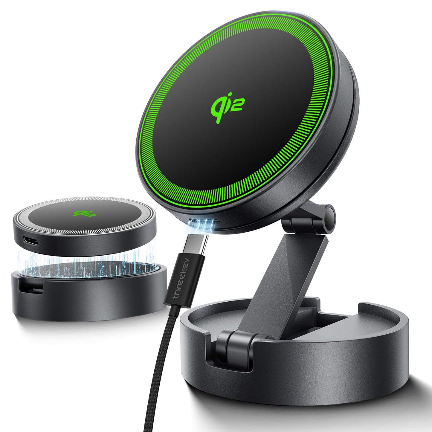 THREEKEY Qi2 Certified MagSafe Car Mount Charger,Car Wireless Charger,15W Magnetic Charger Fast Charging,Retractable Phone Holder with 360°Rotation,Car Mount for iPhone17-12&Galaxy S25 Ultra