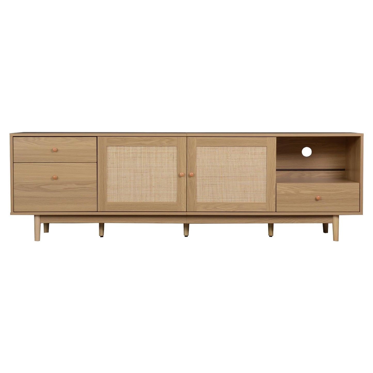 Ball & Cast 76" Boho TV Stand for TVs up to 85", Media Console with Real Rattan Doors, Open Shelf, 3 Drawers & 2 Cabinets, Natural Wood Grain Entertainment Center w/Solid Wood Legs for Living Room