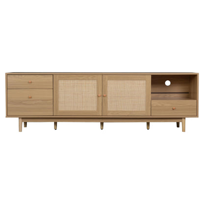 Ball & Cast 76" Boho TV Stand for TVs up to 85", Media Console with Real Rattan Doors, Open Shelf, 3 Drawers & 2 Cabinets, Natural Wood Grain Entertainment Center w/Solid Wood Legs for Living Room