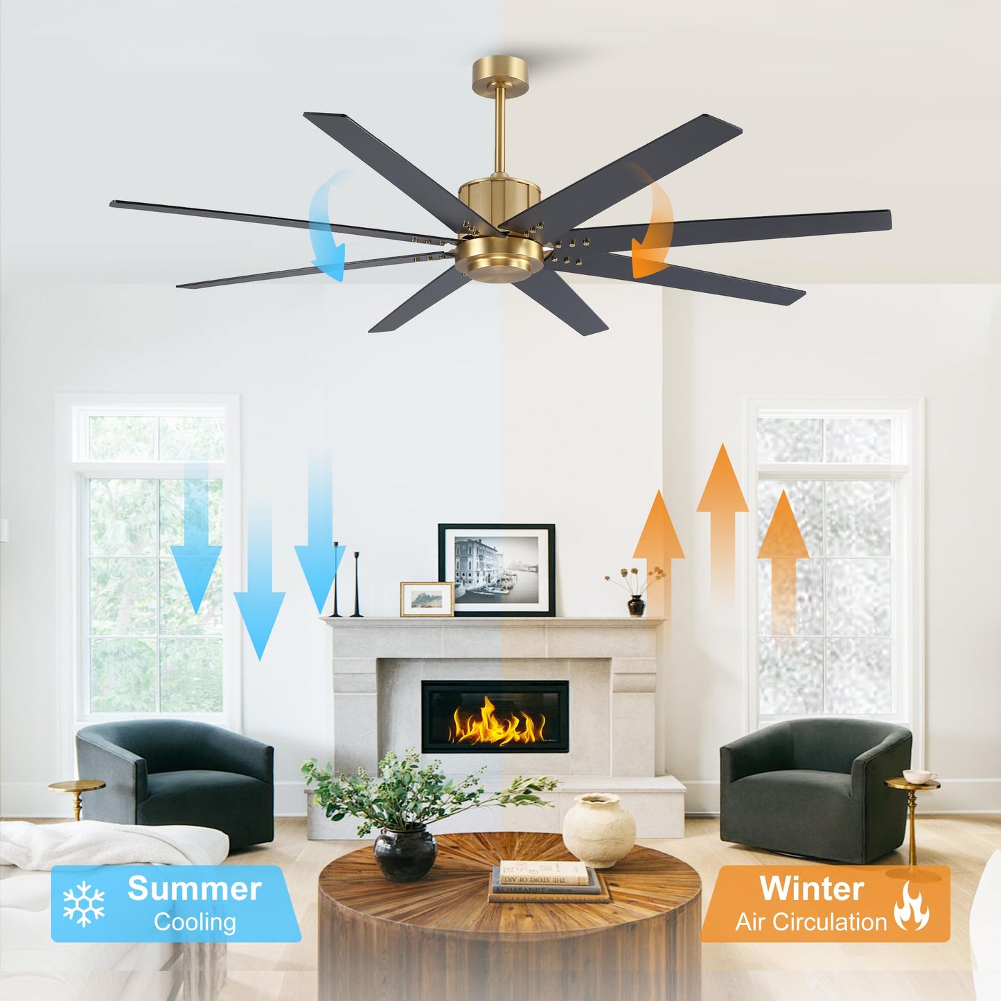 WINGBO 72" Ceiling Fan without Light, Modern Large Ceiling Fan with Remote Control, 6-Speed Reversible Noiseless DC Motor, Gold and Black/Walnut Blades for Living Room, Bedroom & Covered Outdoor