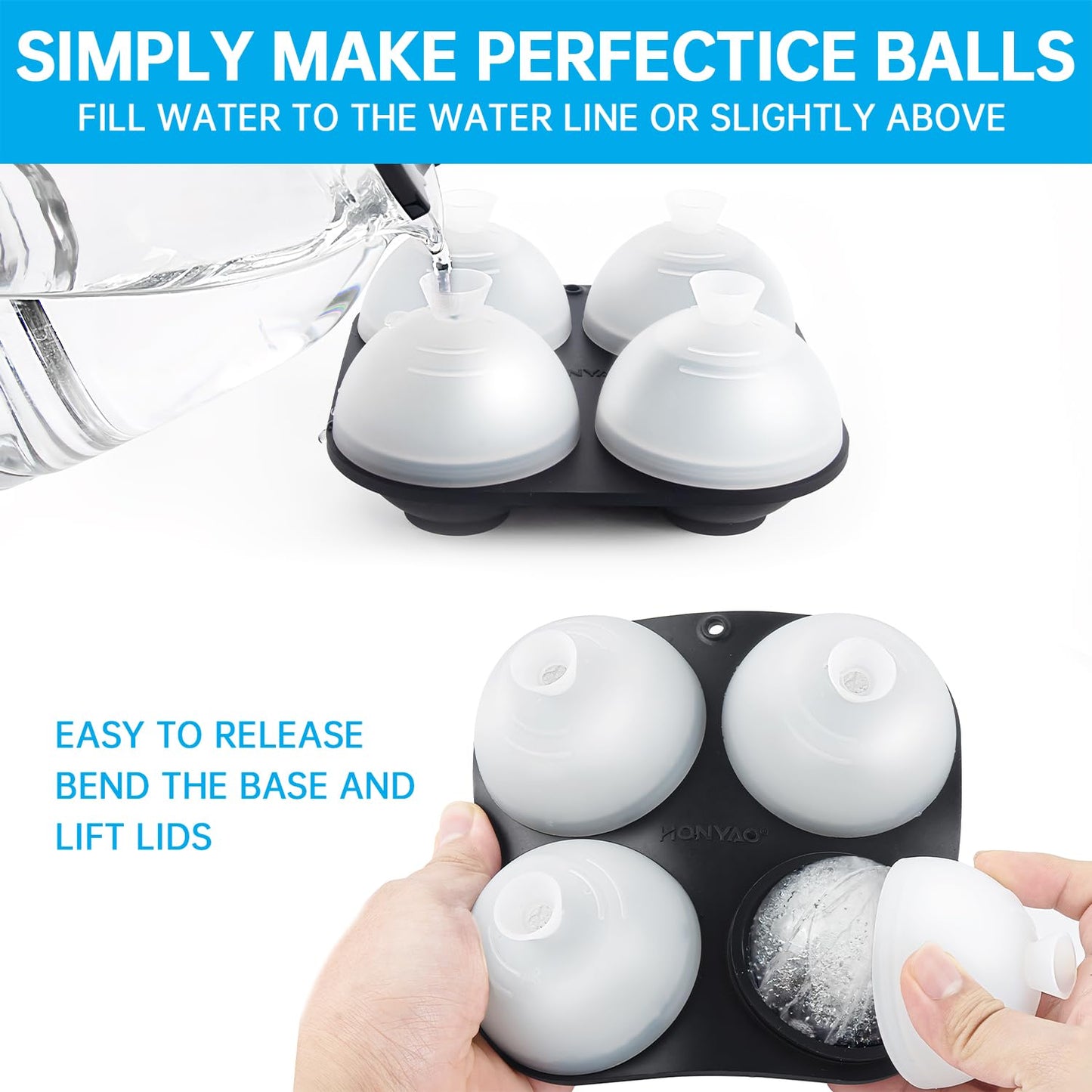 HONYAO Silicone Whiskey Ice Ball Mold - 2.4 Inch Large Ice Cube Trays Molds Silicone with Lids - Ice Sphere Maker for Cocktails, Bourbon, Rum - 2 x 4 Iceballs