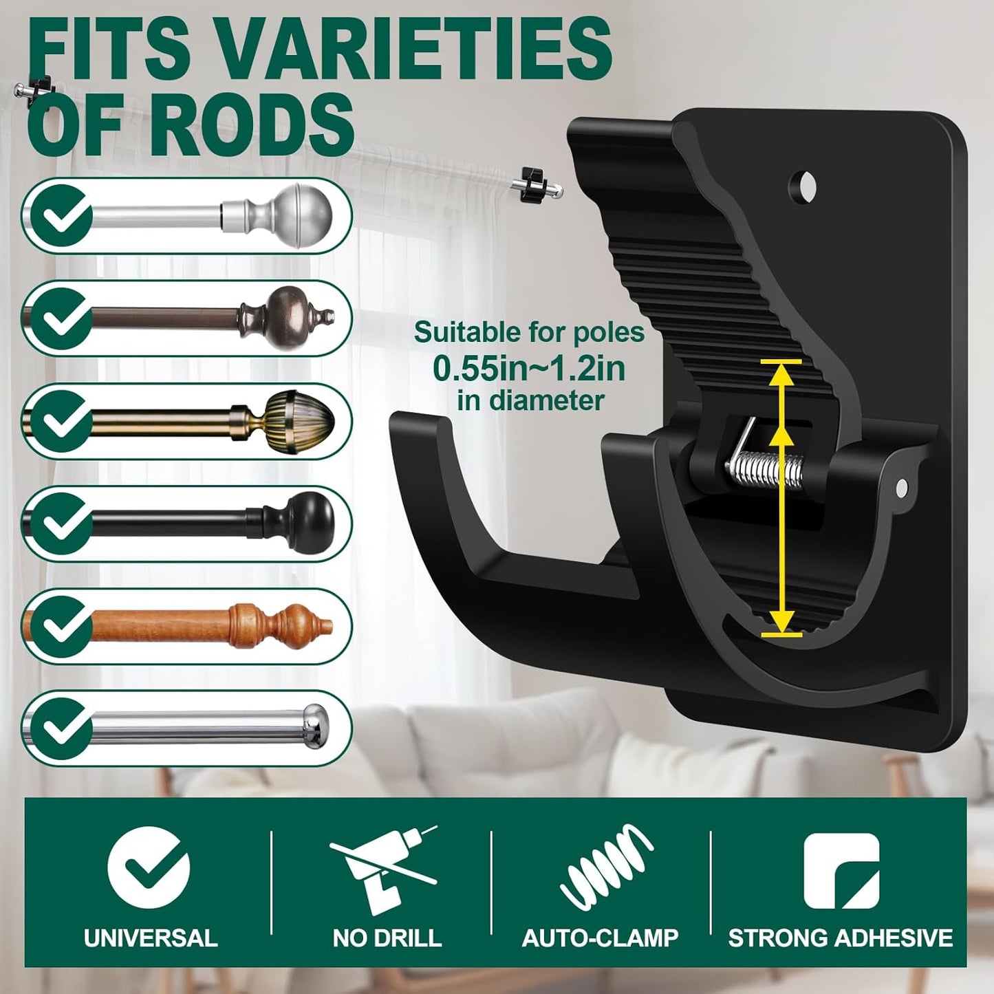 Skiennix No Drill Curtain Rod Brackets - 4 PCS Self Adhesive Hooks, 20lb Capacity | Rental Friendly for Home & Apartment