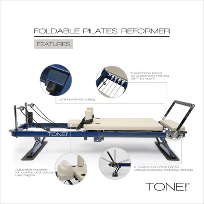 Tone Fitness Foldable Pilates Reformer – Portable Pilates Machine with Adjustable Resistance Bands, Smooth Glide Carriage & Full-Body At-Home Pilates Workout Equipment