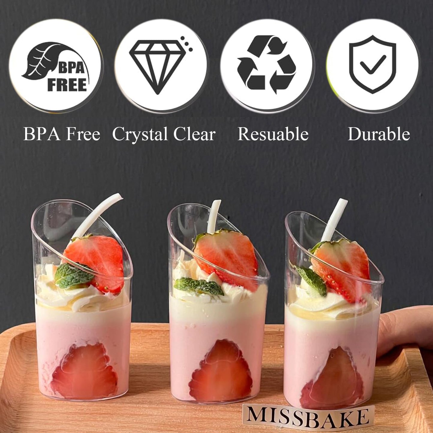 Hiasobre 50 Pack Plastic Dessert Cups with Spoons, 3 oz Clear Mini Parfait Appetizer Cups, Reusable Slanted Triangle Shooter Serving bowls for Tasting, Small Dessert Shot Glasses