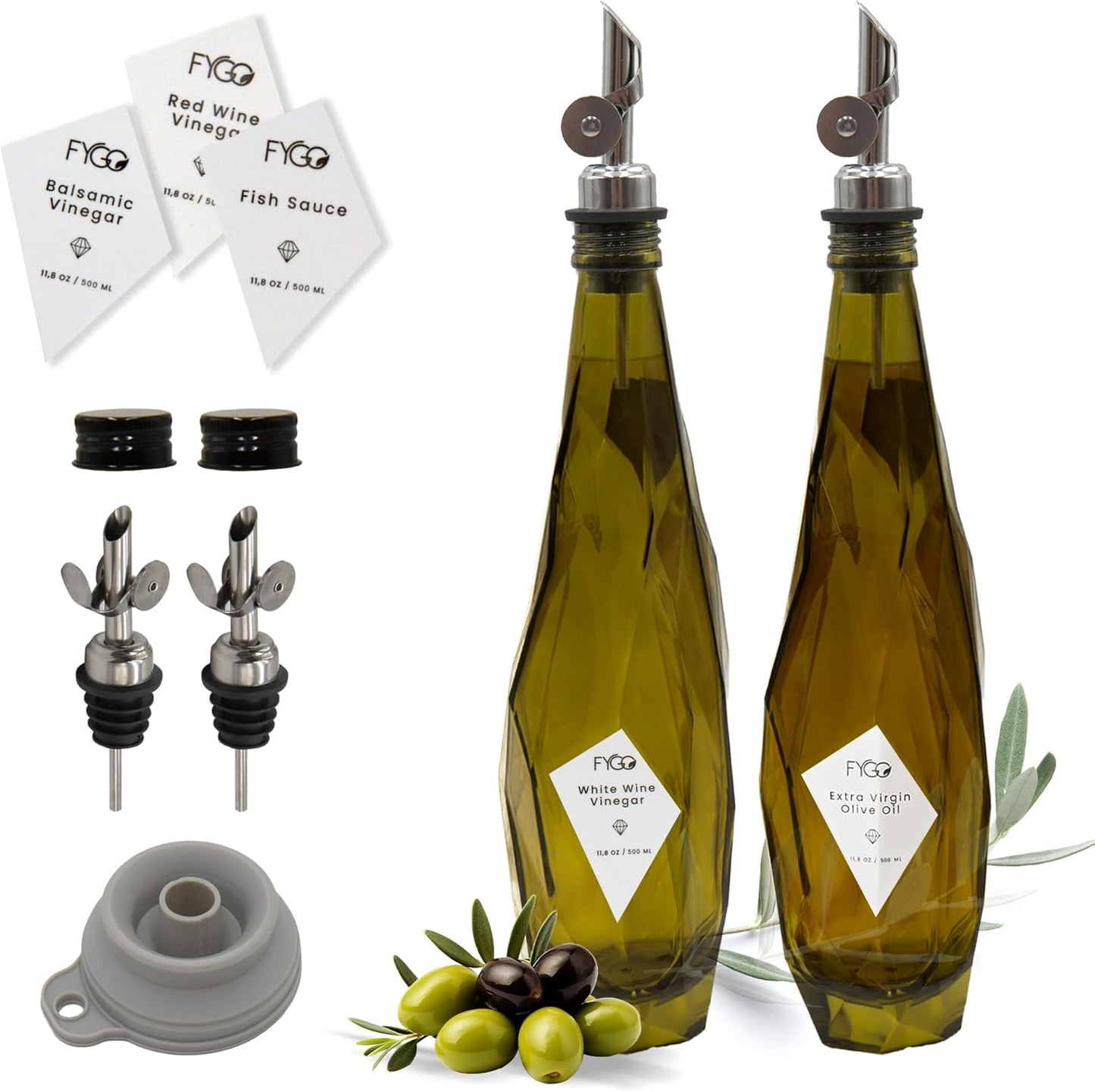 FYGO Set 500ml Set 2 Diamond Lux Olive Oil Bottle Dispenser - Olive Oil Container- Oil and Vinegar Dispenser
