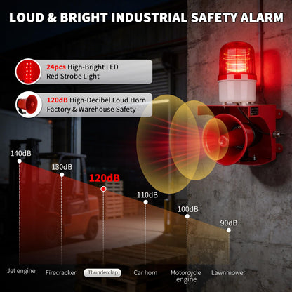 kbaoele AC110V Industrial Siren Alarm Strobe Light-120dB Loud Horn&Red Beacon Warning Light,Waterproof Indoor/Outdoor Safety Alarm for Emergency,Factory,Office,Fires,Tornado,Intruders,Animal Deterrent