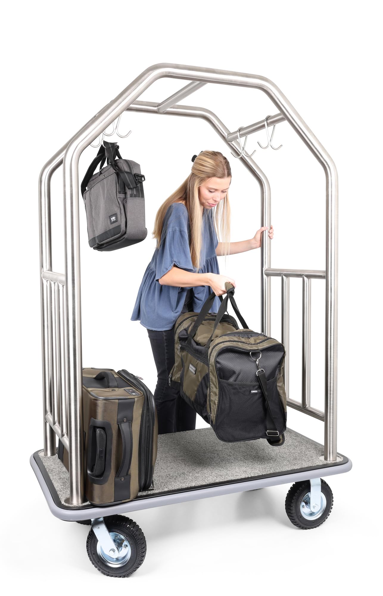 Wholesale Hotel Products Brushed Stainless Steel Luggage Cart –1000lb Capacity–Bellman Cart w/Grey Bumper Guard, Plush Carpet, 2” Welded Steel Frame & 8" Wheels, for 5-Star Hotels (Grand Lux Series)