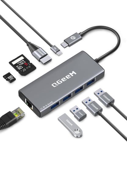 QGeeM USB C Hub Ethernet,9 in 1 USB Type C Hub HDMI Multi-Port Converter Adapter,100W Pd, USB 3.0,SD/TF Card Reader,Compatible for MacBook Pro Air Ipad HP Dell Lenovo Chromebook etc.