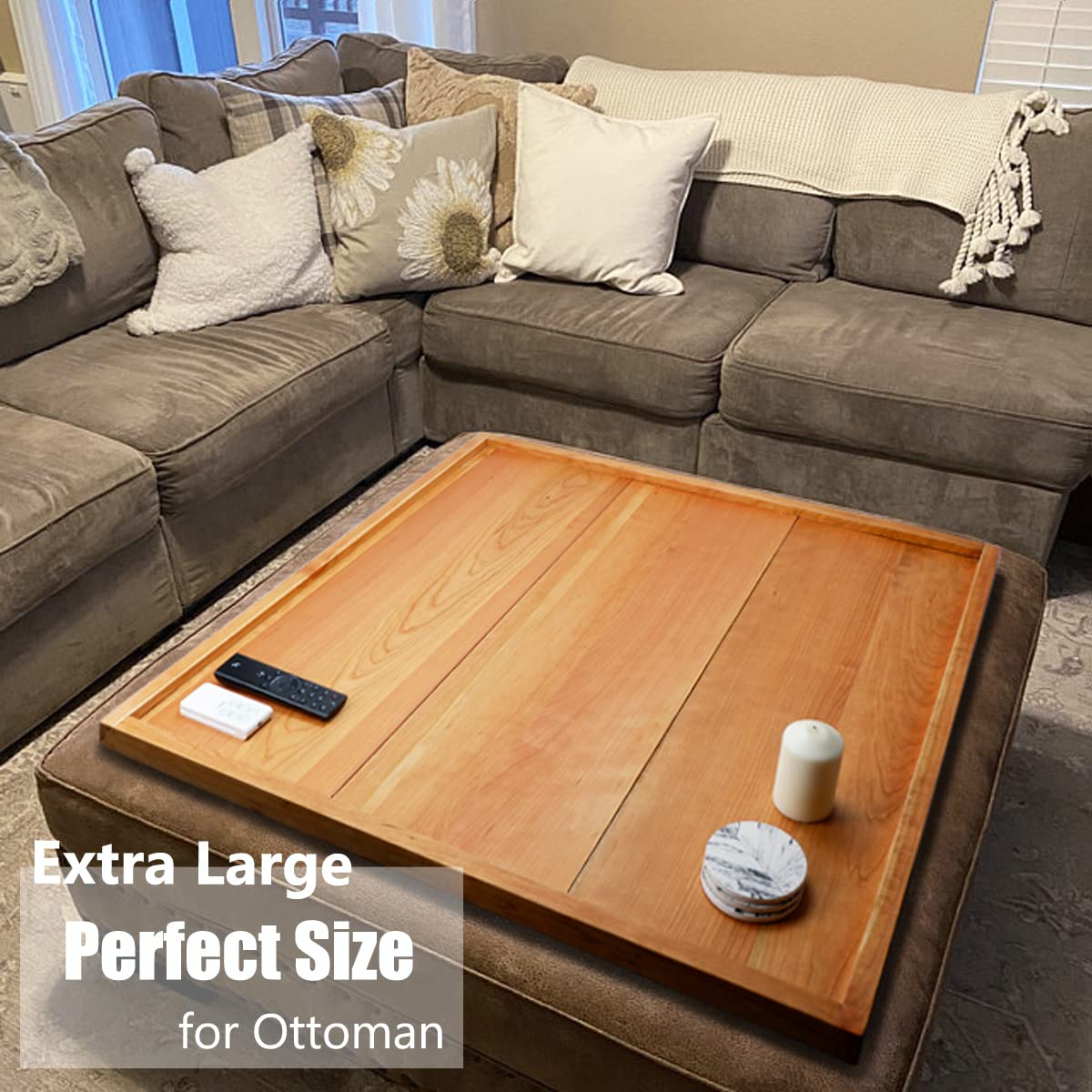 MAGIGO 36 x 36 Inches Extra Large Square Cherry Wood Ottoman Tray with Handles, Serve Tea, Coffee Classic 3 Feet Wooden Decorative Serving Tray