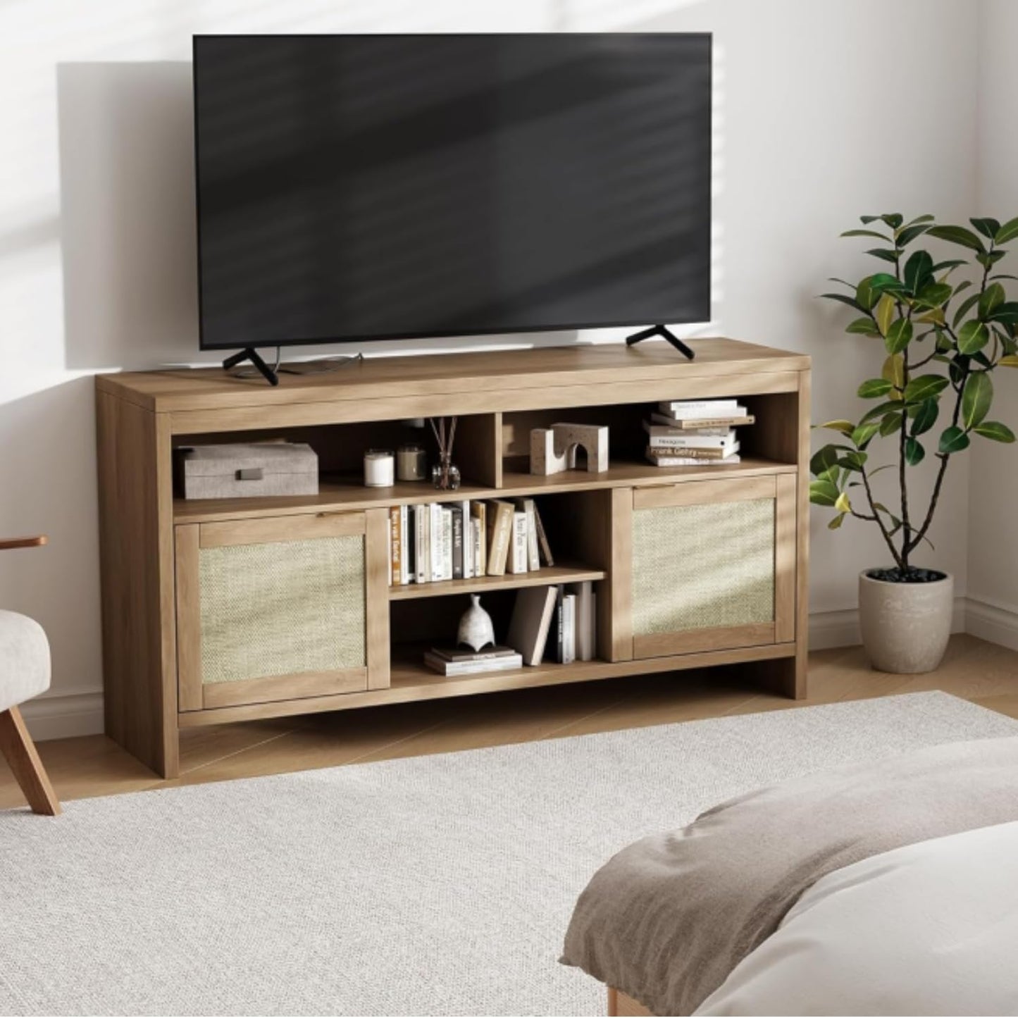 Boho TV Stand for TV up to 65 Inch,58"Modern Rattan Entertainment Center with Storage and Adjustable Shelves,Wooden Media TV Console Cabinet with Doors for Living Room/Bedroom/Apartment/Farmhouse(Oak)
